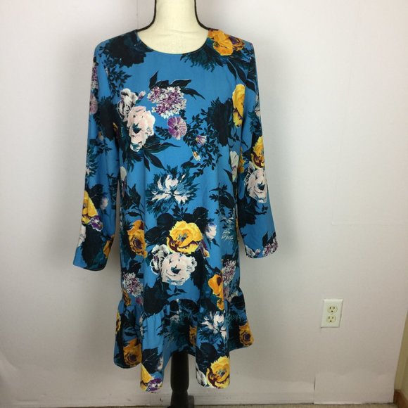Halogen Shift Dress Size S Womans Blue Button Back Ruffle Hem Floral Print - Picture 2 of 12